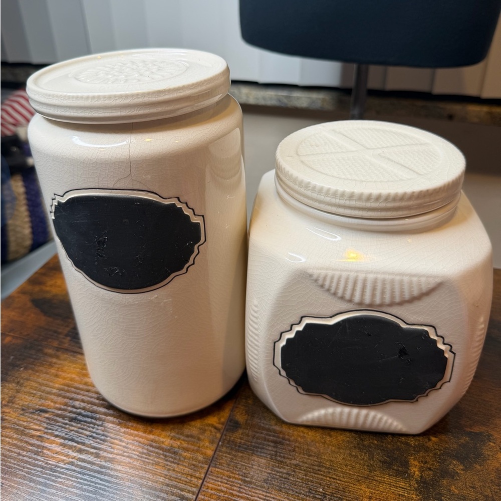 Anthropologie Biscuit Set of Two Cream Ceramic Jars with Chalkboard Labels